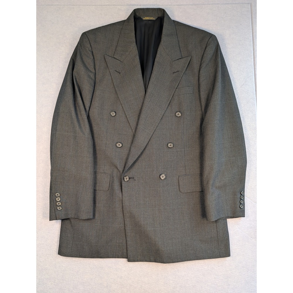 Tom James Blazer Mens Grey Plaid Double Breasted Peak Lapel USA Excellent